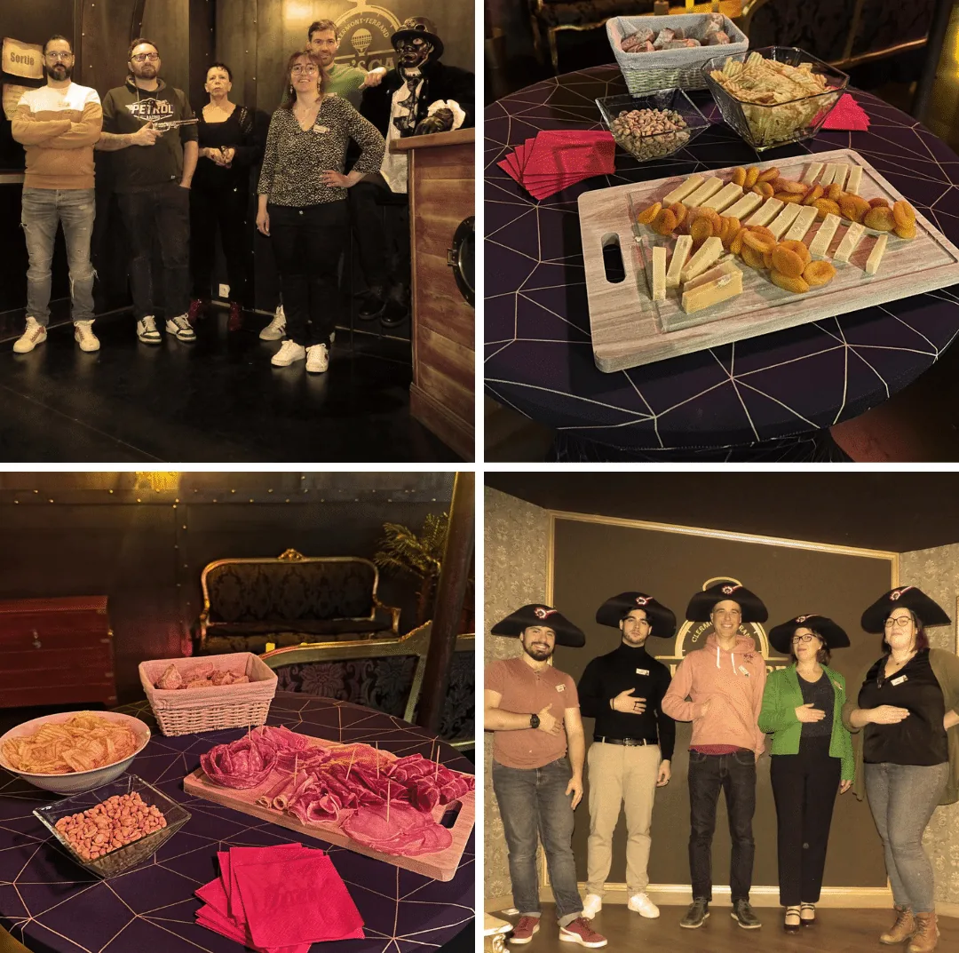 Montage photo de la soirée des célibataires chez Life’Scape, mettant en avant les plats proposés et les équipes de participant·e·s.