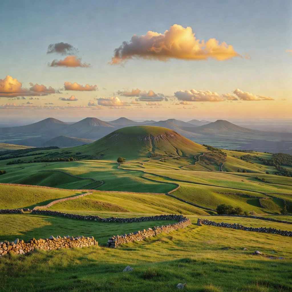 Illustration : paysage de moyenne montagne volcanique d'Auvergne à la lumière du soir