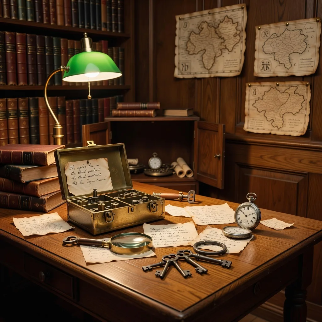 Table d'énigmes éclairée à la lampe, boîte à secrets ouverte et clés anciennes