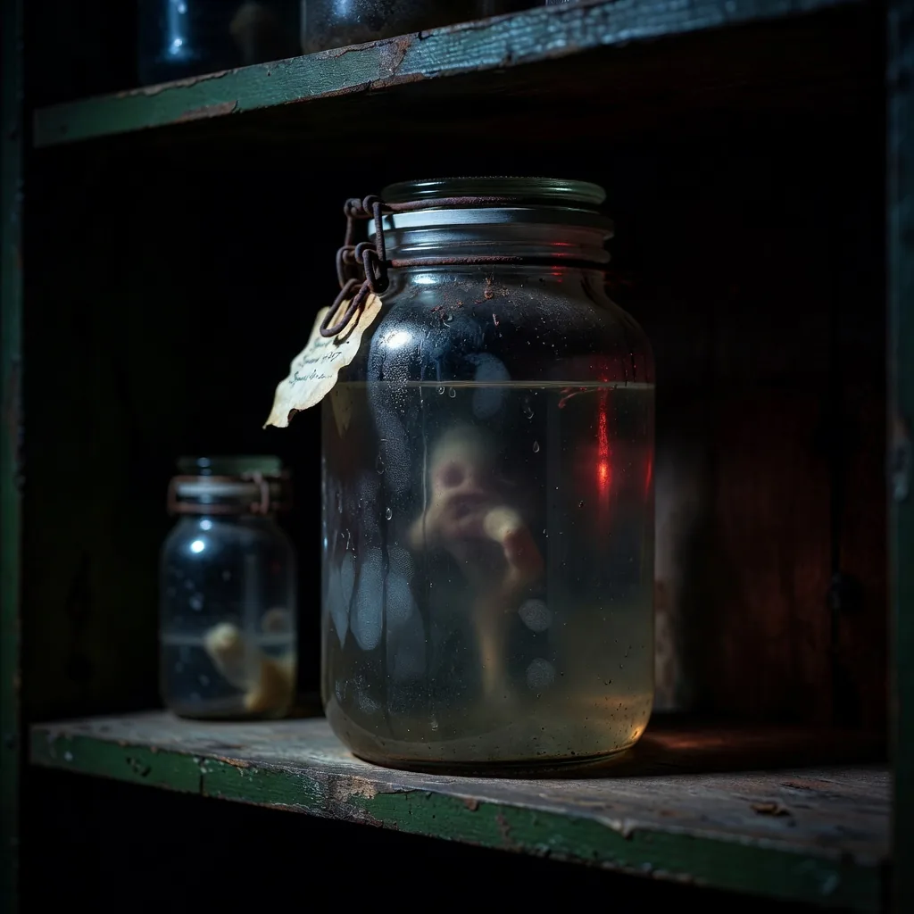 Décor d'escape game d'horreur : bocal de spécimen sur une étagère sombre, éclairé de rouge et de bleu