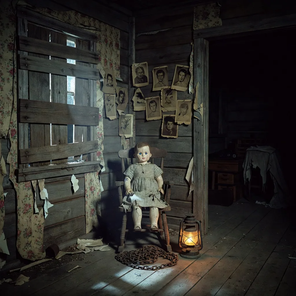 Salle d'escape game d'horreur : cabane délabrée, poupée de porcelaine, lanterne rouillée