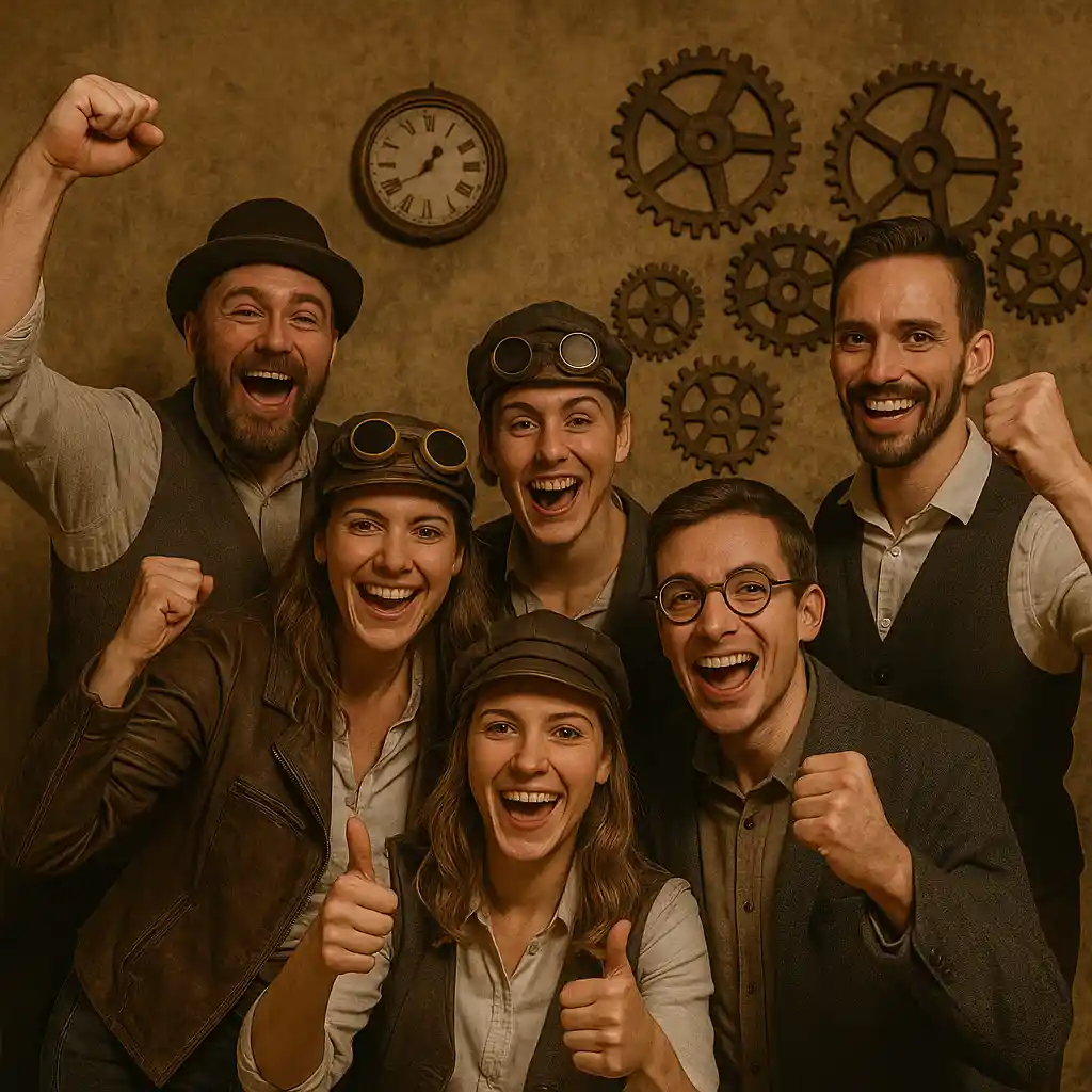 Une équipe de joueurs en tenue steampunk célèbre sa sortie de salle, poings levés