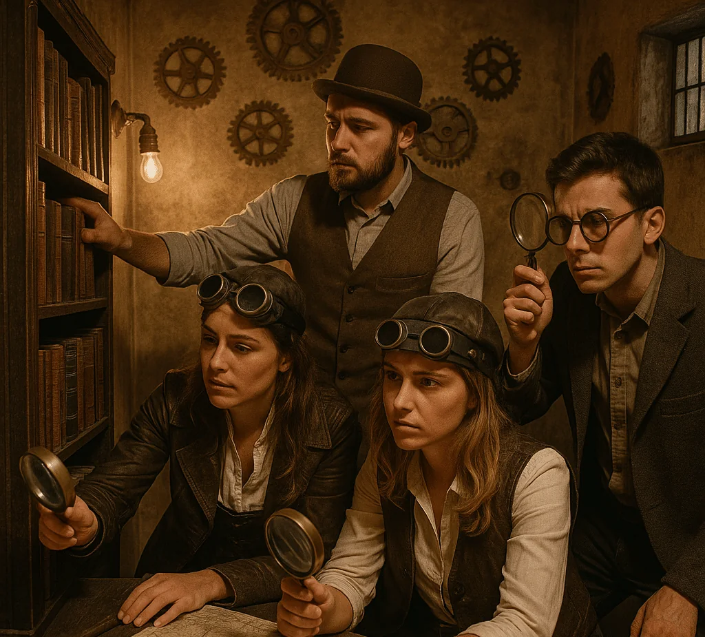 Quatre joueurs fouillent une bibliothèque à la loupe dans un décor steampunk