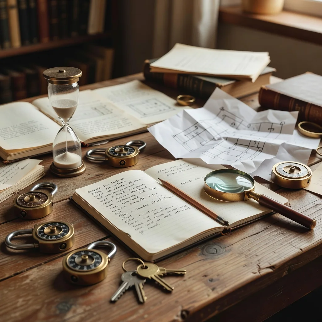 Cadenas à combinaison, carnet de notes, loupe et sablier sur une table d'escape game