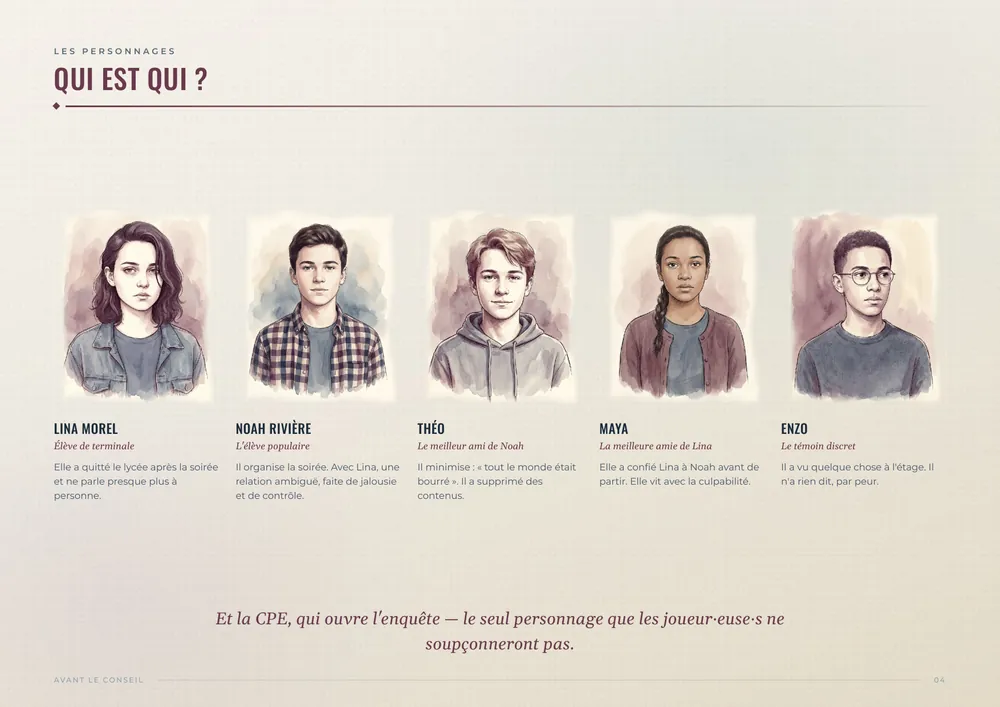 Les cinq personnages de l'escape game « Avant le Conseil » : Lina, Noah, Théo, Maya et Enzo