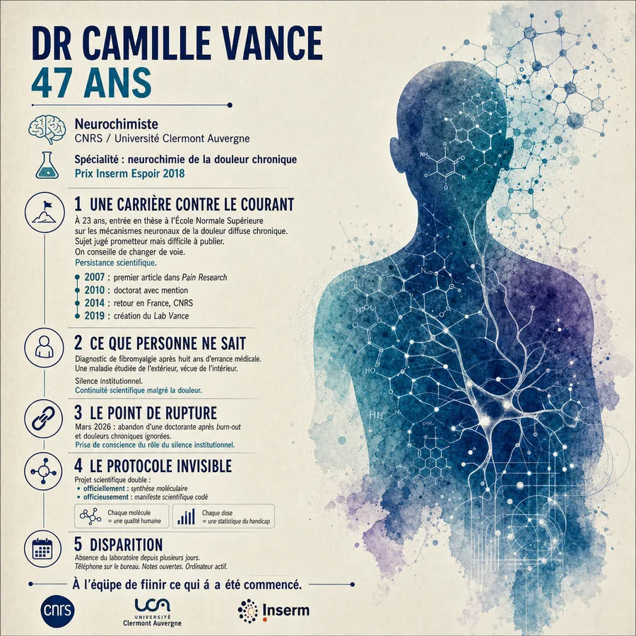Fiche-personnage de Camille Vance, illustrée d'une silhouette parcourue d'un réseau de neurones