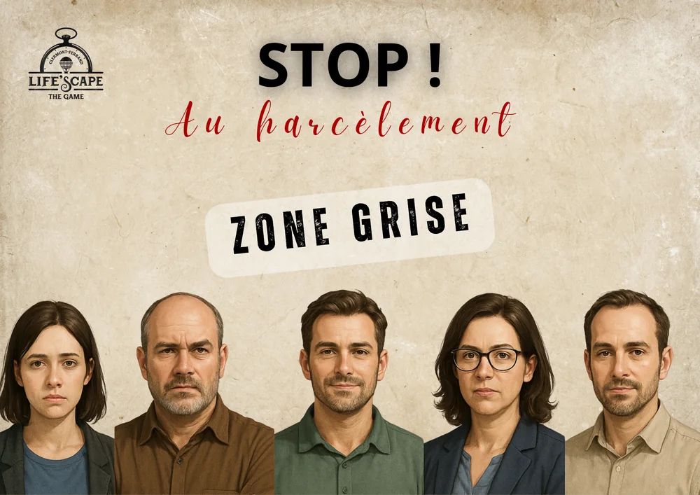 Plaquette de l'escape game « Zone Grise » : les cinq personnages de l'enquête sur les violences au travail