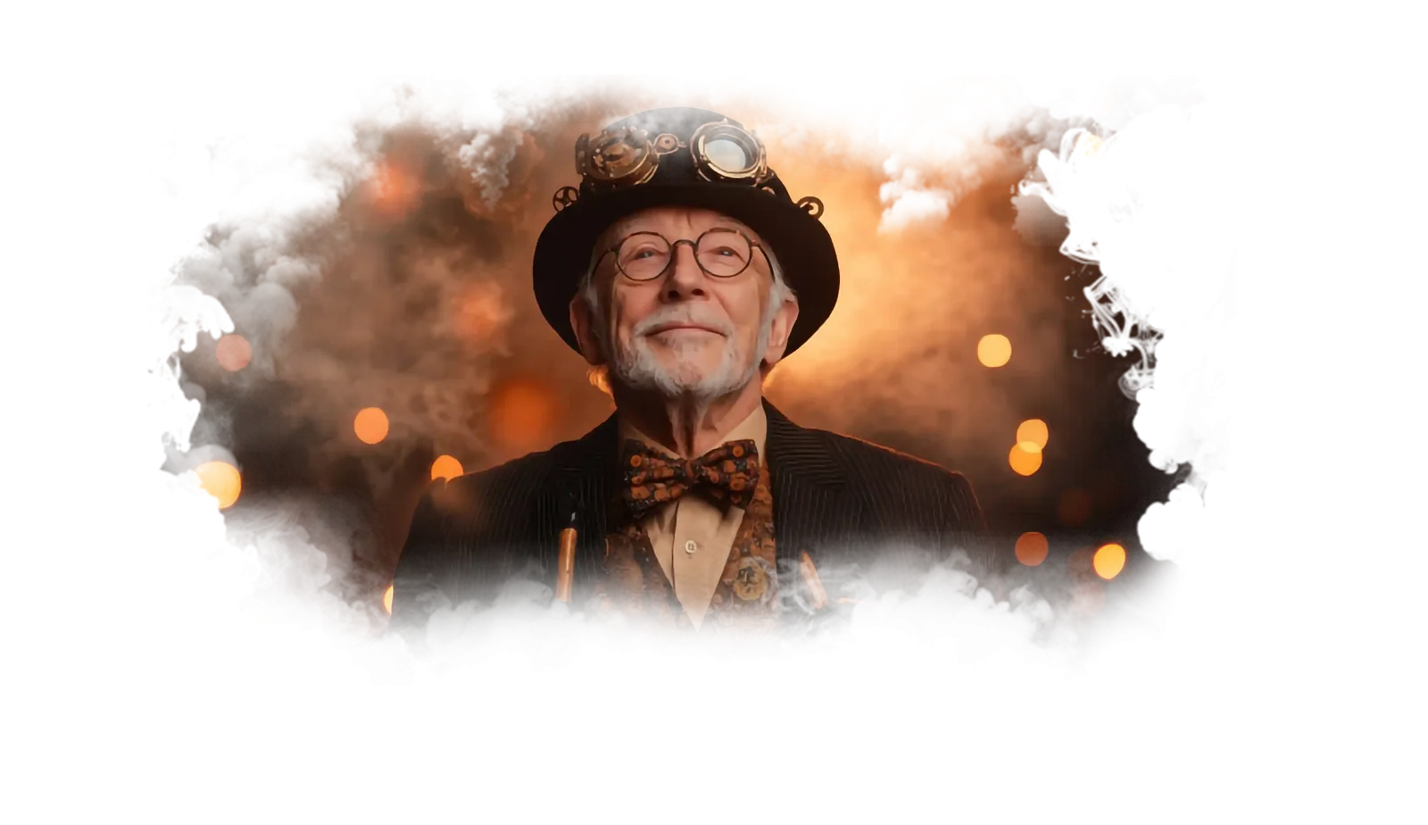 Un homme âgé au look steampunk, coiffé d'un chapeau, portant des lunettes rondes et un nœud papillon représente le style de Life'Scape escape game à Clermont-Ferrand.