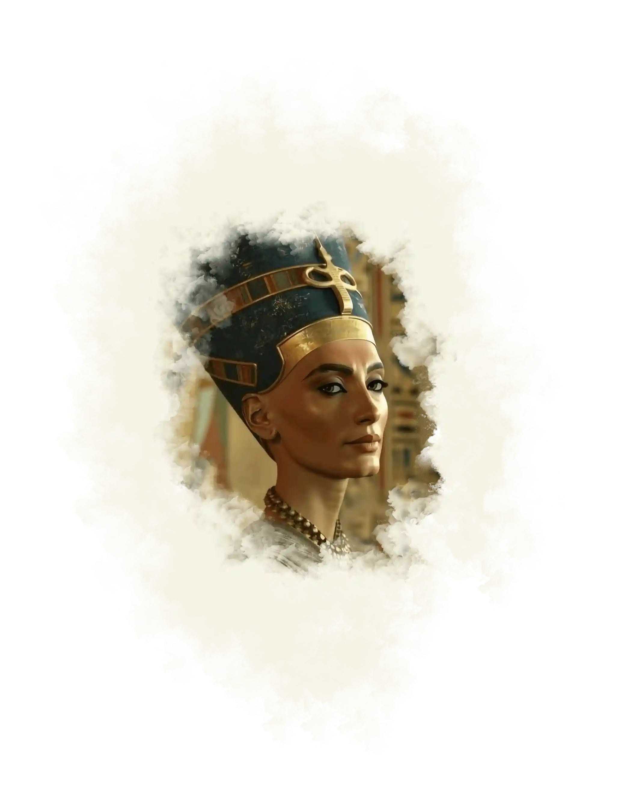 Un portrait réaliste de Néfertiti, reine légendaire d’Égypte, qui représente bien la salle Le Mystère de Néfertiti.